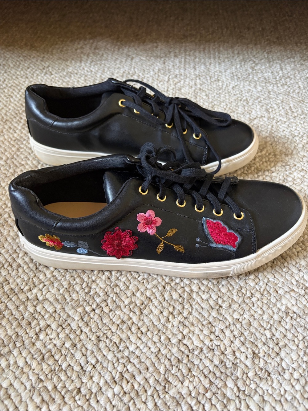 Nanette Lepore Black Leather  Sneakers with Pink Floral Embroidery